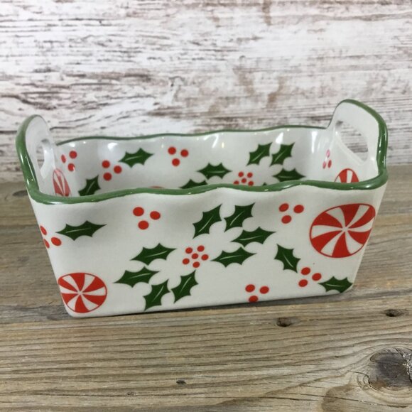 Temp-Tations 12 Oz Ceramic Holiday Mini Loaf Pan w/ Handles Holly & Peppermint - Picture 3 of 10